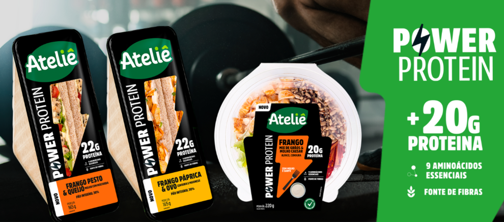 A nova linha Power Protein, da Ateliê, reúne sanduíches e salada refrigerados desenvolvidos para oferecer praticidade, sabor e mais de 20 g de proteína por refeição. Foto: Divulgação/Ateliê.